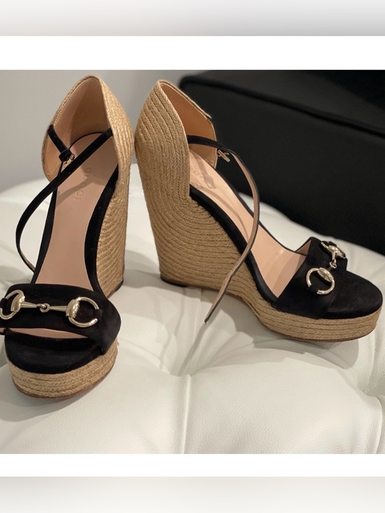 Gucci Shoes - Gucci Black Suede Espadrille Wedge Sandals with Gold Horsebit
